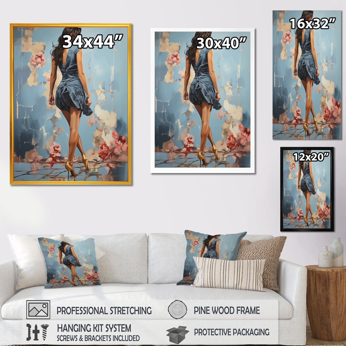 Designart "High Heel Harmony Of Woman S Walk III" Woman Blue Wall Decor - Glam Entryway Framed Wall Art Print
