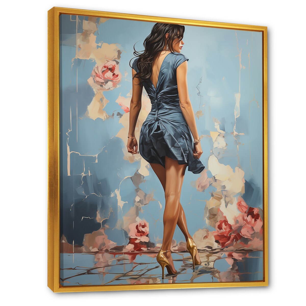 Designart "High Heel Harmony Of Woman S Walk III" Woman Blue Wall Decor - Glam Entryway Framed Wall Art Print