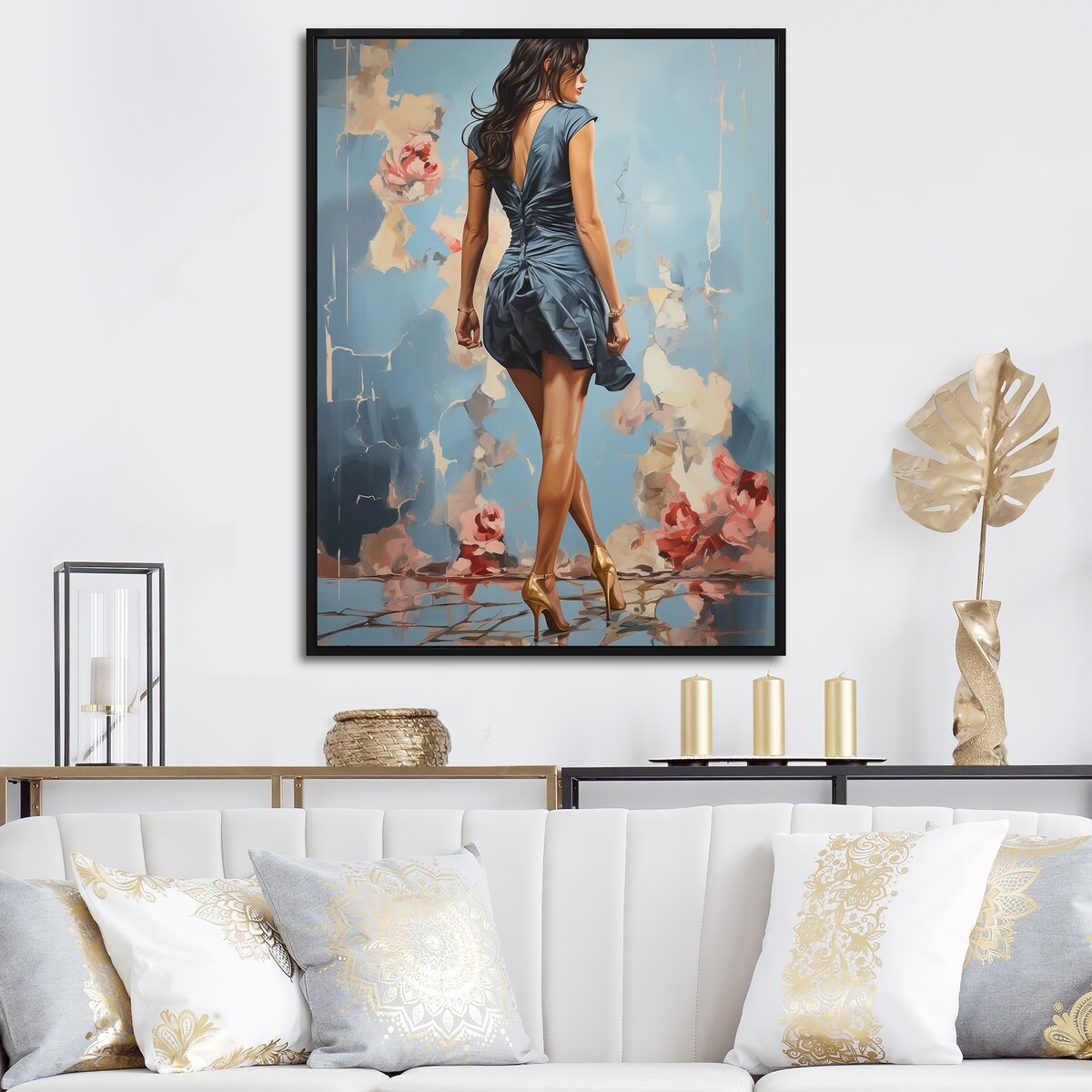 Designart "High Heel Harmony Of Woman S Walk III" Woman Blue Wall Decor - Glam Entryway Framed Wall Art Print