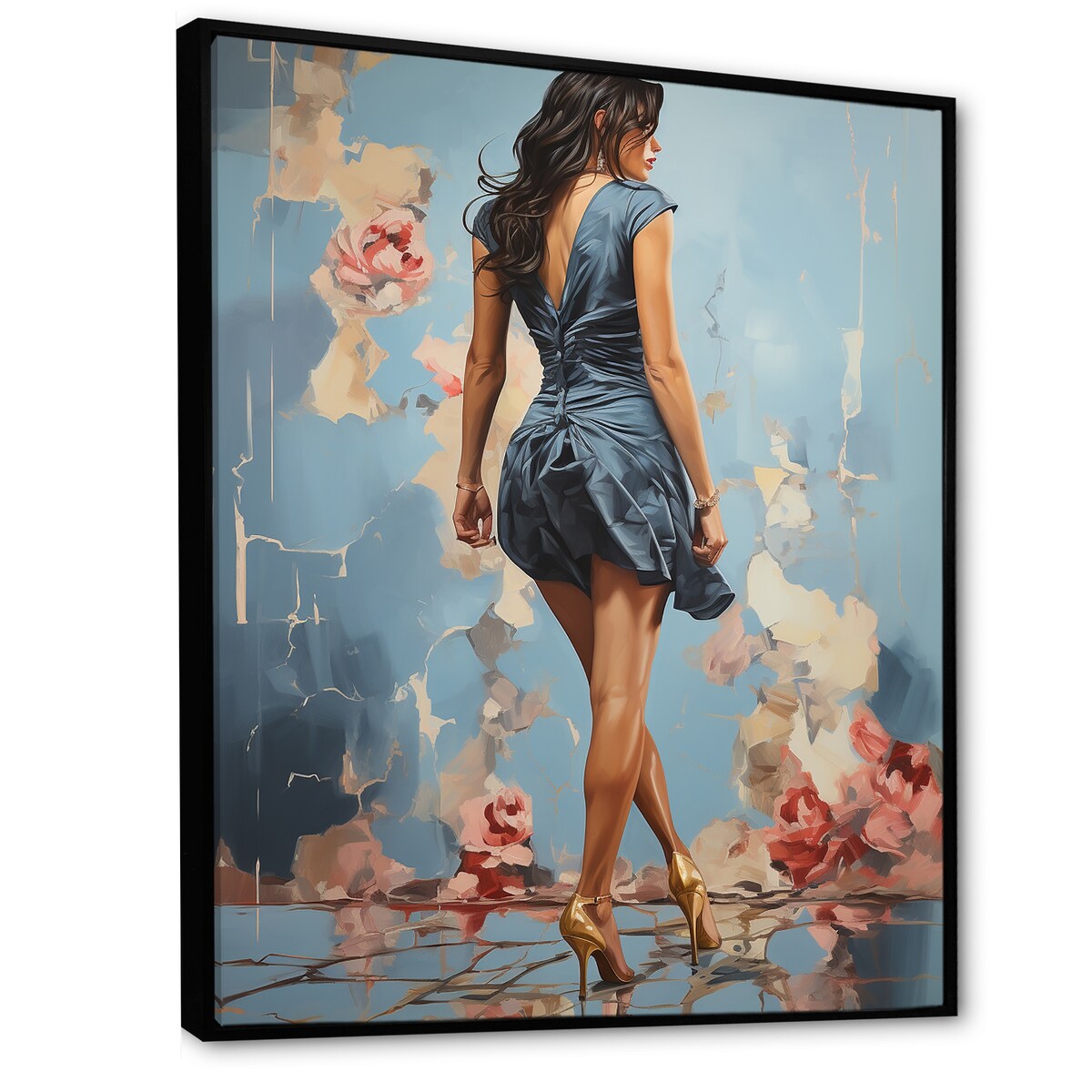 Designart "High Heel Harmony Of Woman S Walk III" Woman Blue Wall Decor - Glam Entryway Framed Wall Art Print