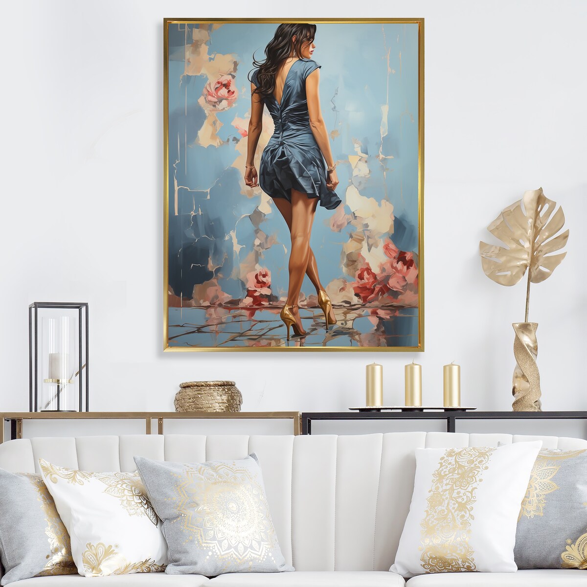 Designart "High Heel Harmony Of Woman S Walk III" Woman Blue Wall Decor - Glam Entryway Framed Wall Art Print
