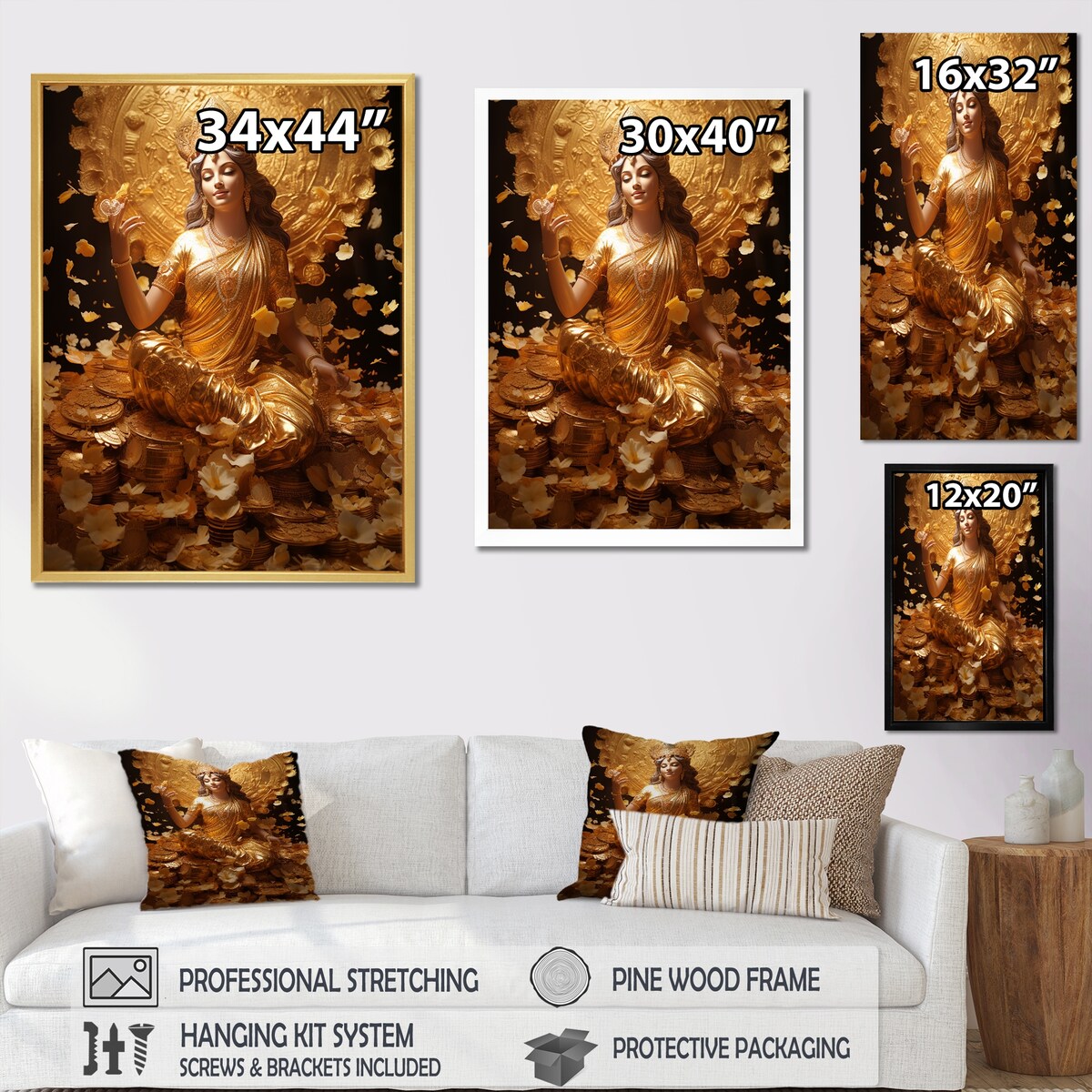 Designart "Hinduism Lakshmis Golden Grace God" Hinduism Framed Canvas Wall Art