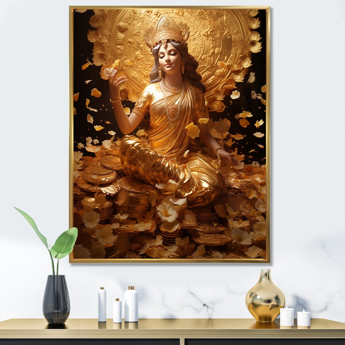 Designart "Hinduism Lakshmis Golden Grace God" Hinduism Framed Canvas Wall Art