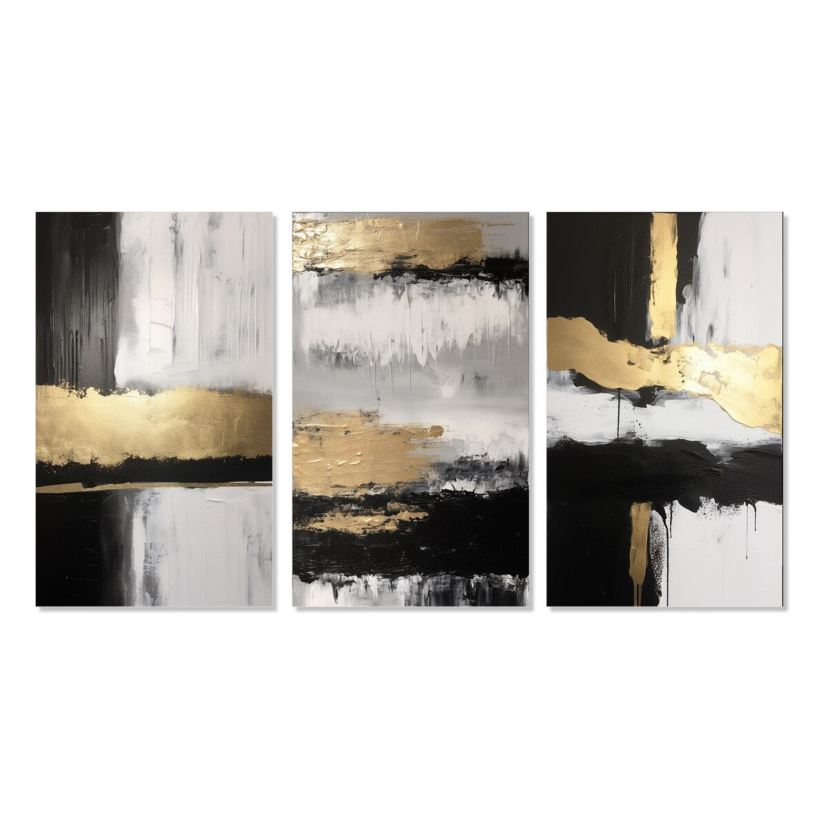 Designart "Horizontal Dimensions Abstract Gold Black IV" Abstract Painting Gold - Gallery Wall Set Of 3 For Home Decor