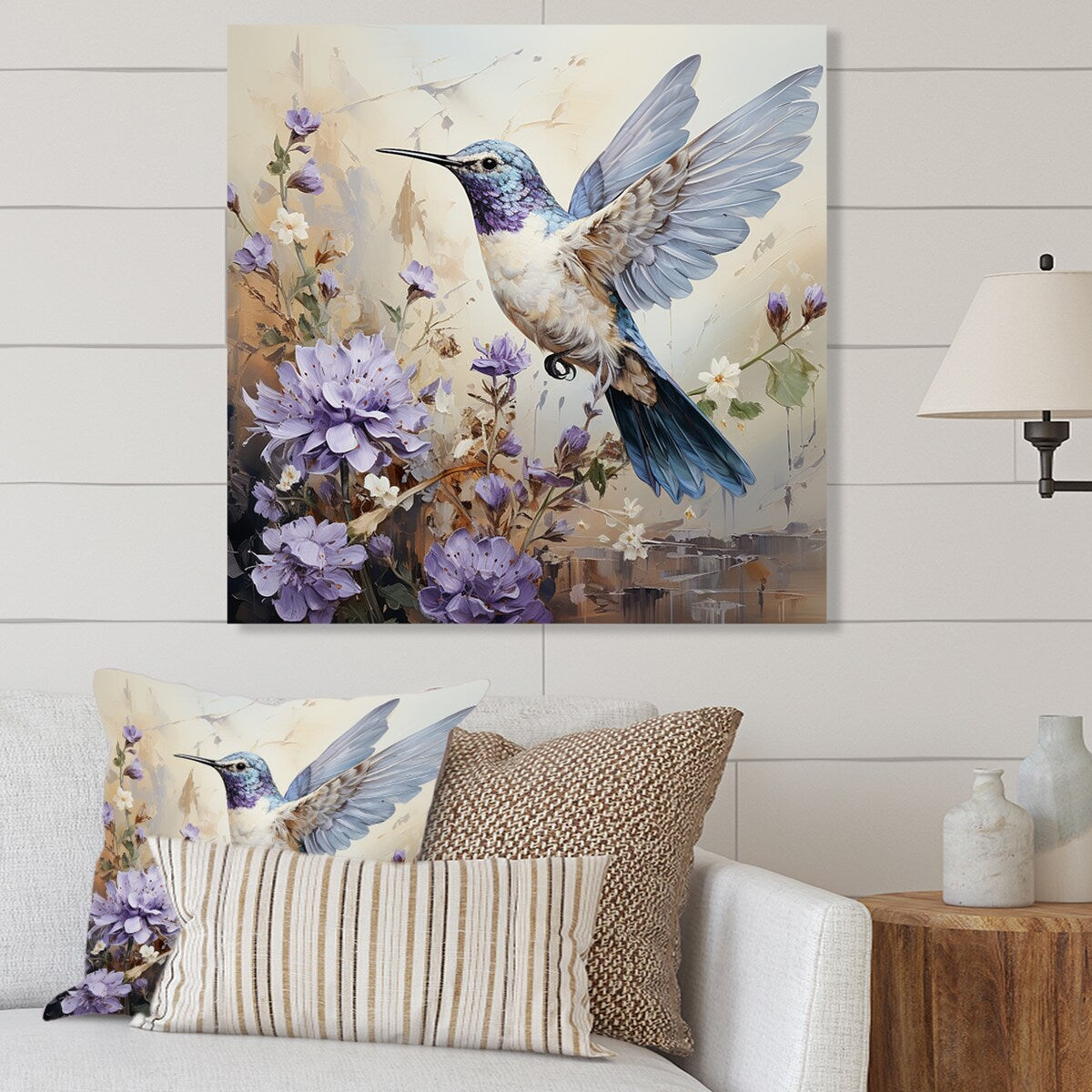 Designart "Humminbirds Floral Whimsical Whisper I I" Hummingbird Animal Metal Wall Art - Modern White Metal Art Work