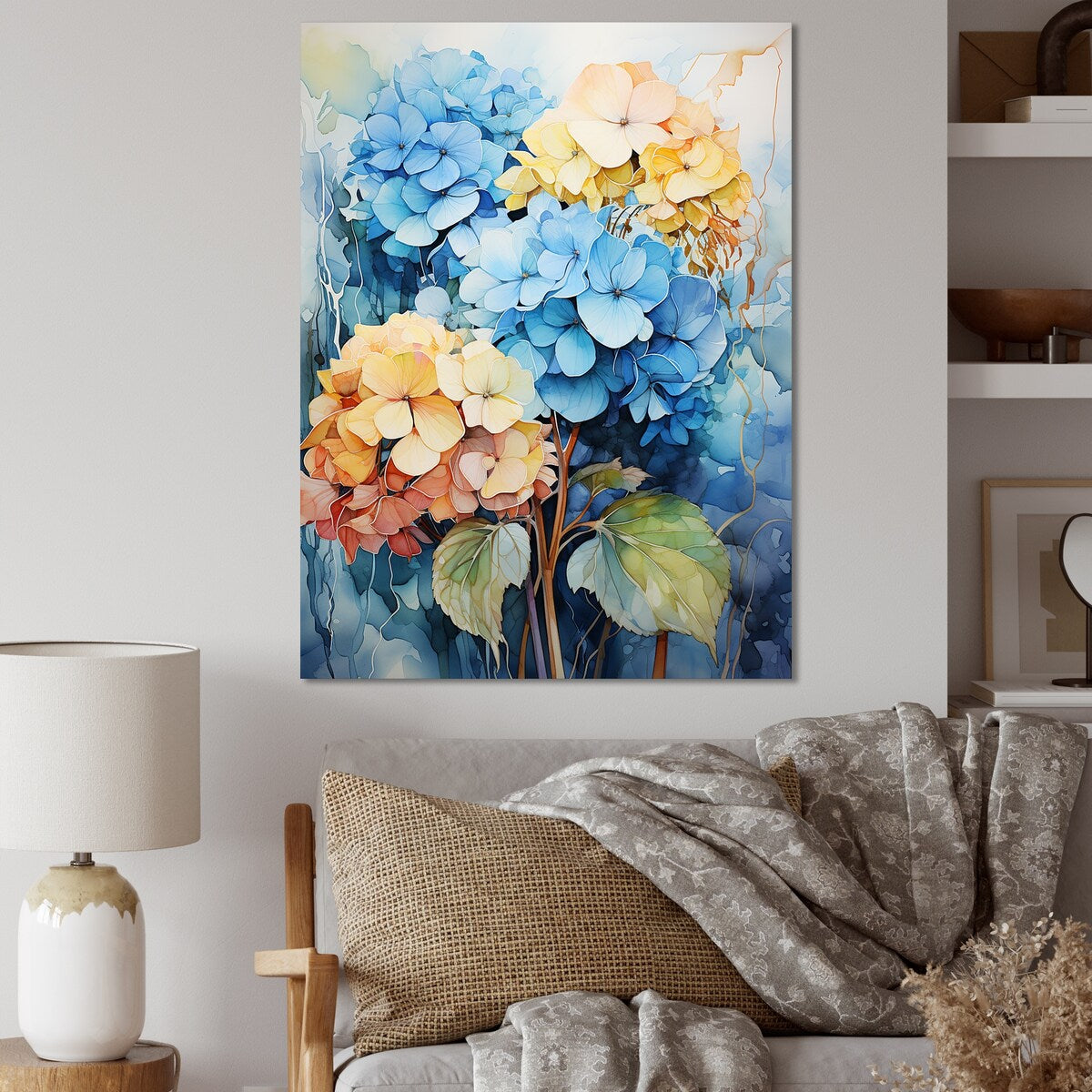 Designart "Hydrangea Blooms In Blue And Yellow" Hydrangea Wall Art