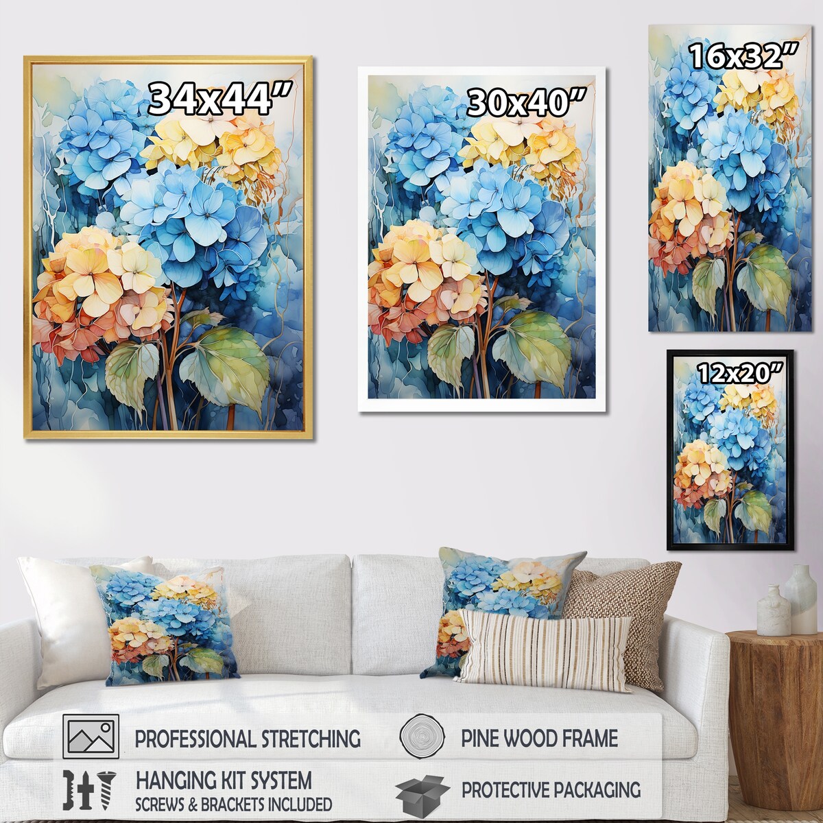 Designart "Hydrangea Blooms In Blue And Yellow" Hydrangea Wall Art