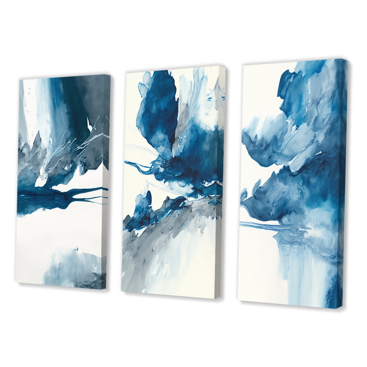 Designart "Imperial Blue Solitude I" Abstract Liquid Ink Wall Art Set Of 3 - Modern Canvas Set For Living Room Decor