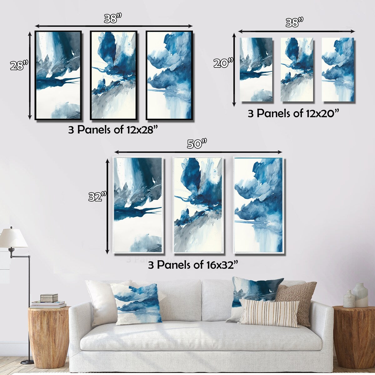 Designart "Imperial Blue Solitude I" Abstract Liquid Ink Wall Art Set Of 3 - Modern Canvas Set For Living Room Decor