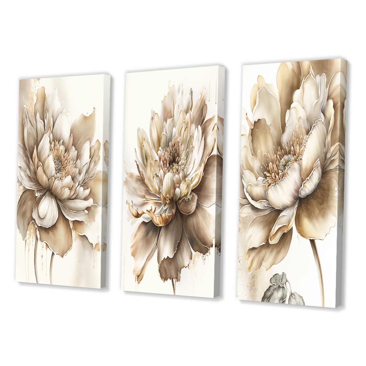 Designart "Indigold Beige Flower III" Floral & Botanical Wall Art Set Of 3 Traditional Canvas Set For Living Room Decor