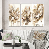 Designart "Indigold Beige Flower III" Floral & Botanical Wall Art Set Of 3 Traditional Canvas Set For Living Room Decor