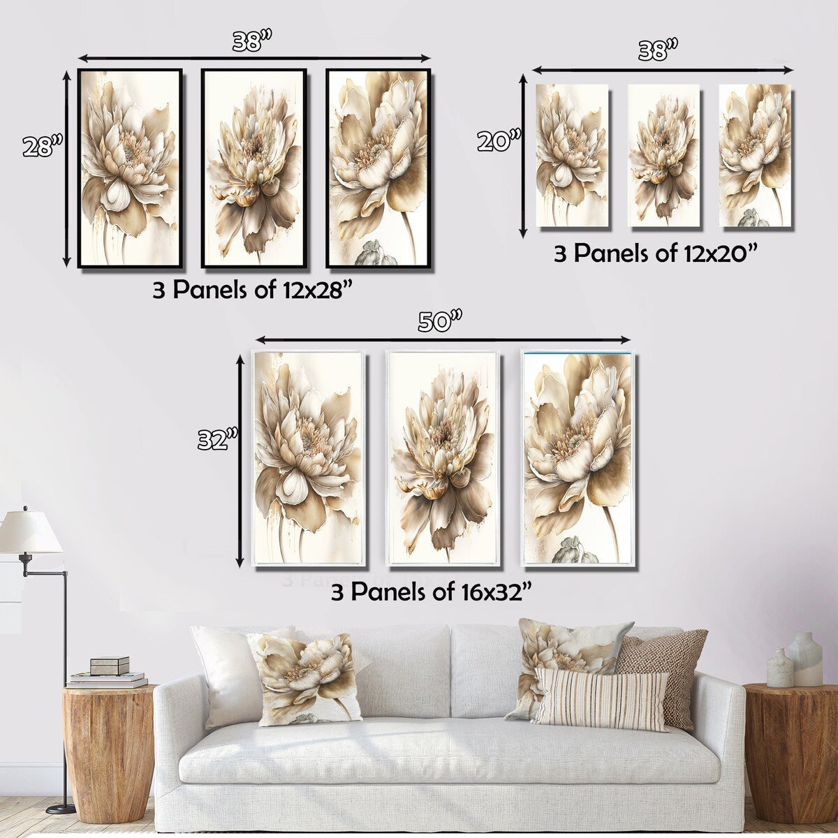 Designart "Indigold Beige Flower III" Floral & Botanical Wall Art Set Of 3 Traditional Canvas Set For Living Room Decor
