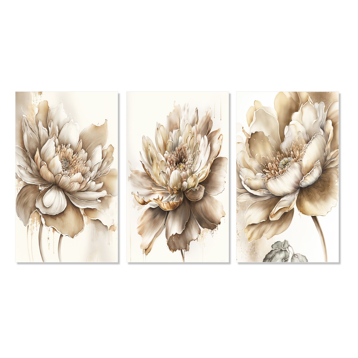 Designart "Indigold Beige Flower III" Floral & Botanical Wall Art Set Of 3 Traditional Canvas Set For Living Room Decor
