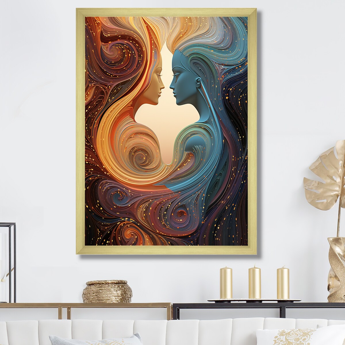 Designart "Ink Fusion Couple Kiss Romance IV" Romantic Portrait Orange - Traditional Hallway Framed Wall Art Decor