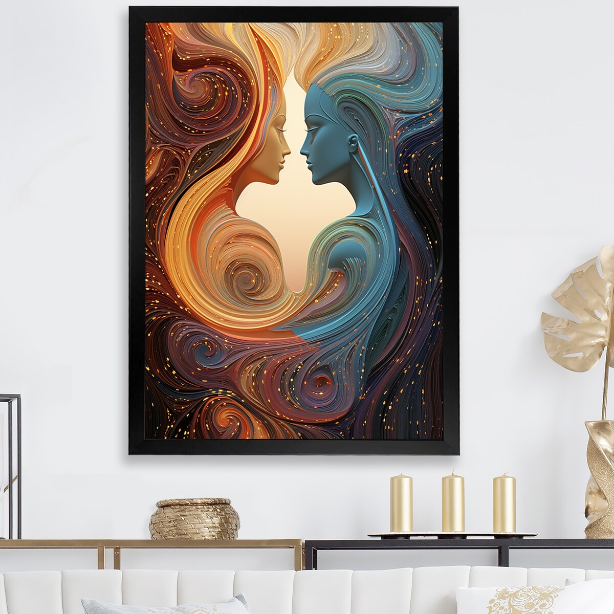 Designart "Ink Fusion Couple Kiss Romance IV" Romantic Portrait Orange - Traditional Hallway Framed Wall Art Decor