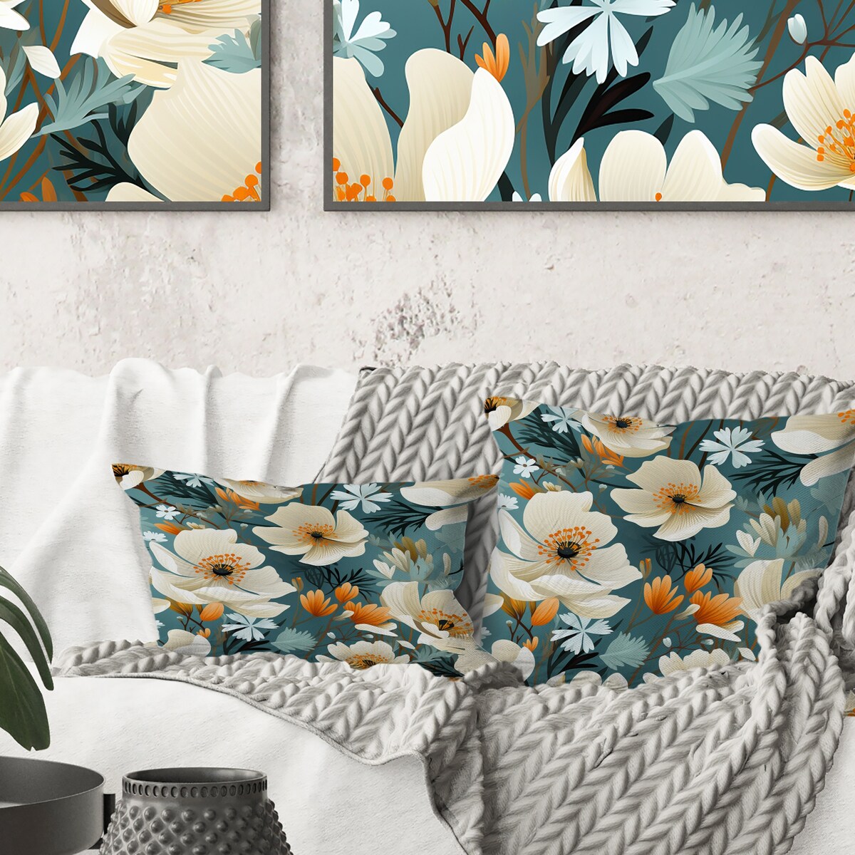 Designart "Ivory Coastal Blossoms Floral Pattern" Floral Printed Throw Pillow