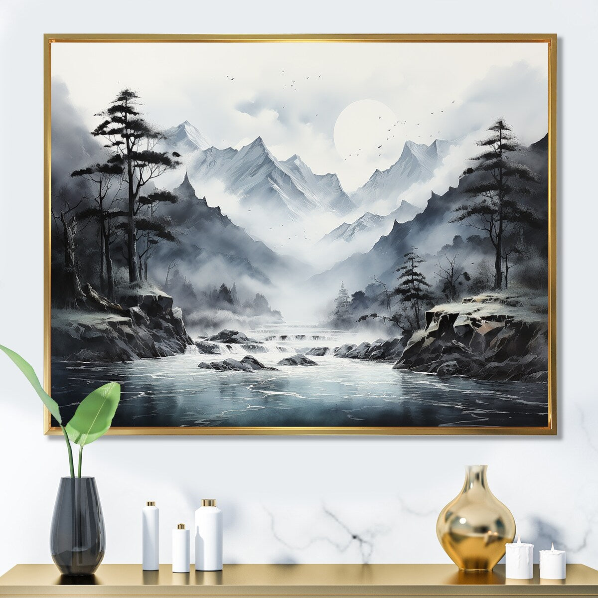 Designart "Japan Mountain Fog Horizons " Japan Art Framed Canvas Wall Art