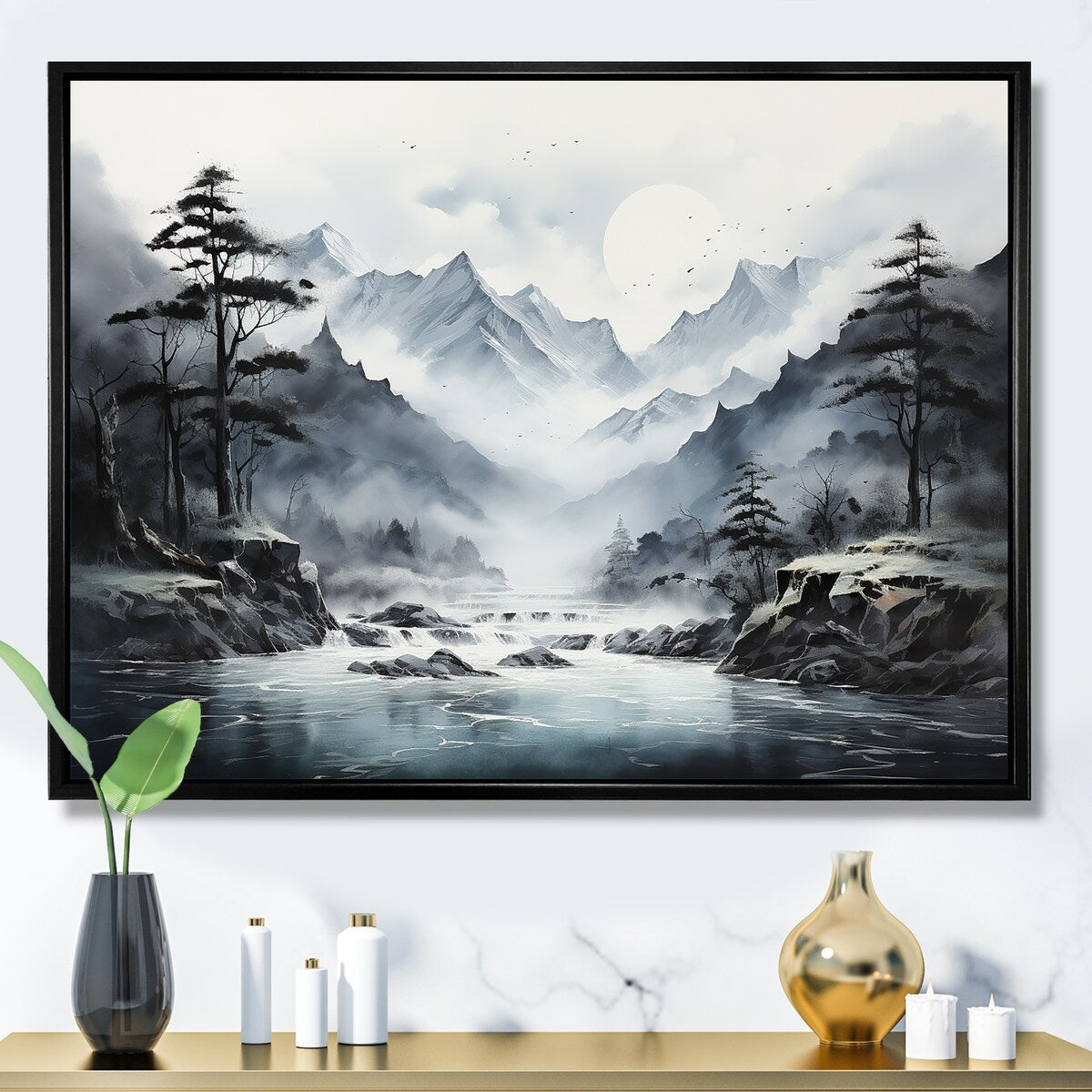 Designart "Japan Mountain Fog Horizons " Japan Art Framed Canvas Wall Art