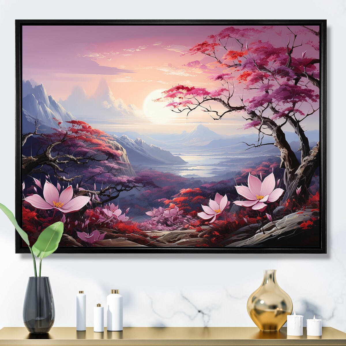 Designart "Japanese Mountain Plumeria Hill I" Japan Art Framed Wall Art Living Room