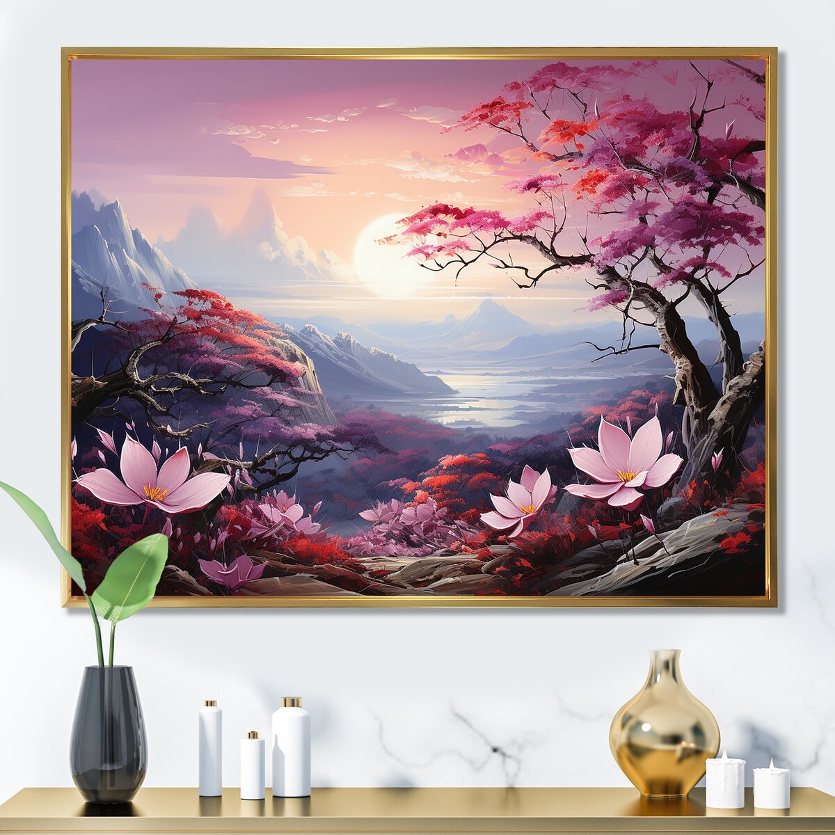 Designart "Japanese Mountain Plumeria Hill I" Japan Art Framed Wall Art Living Room