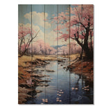 Designart "Japon Art Sakura Dream Pink And Blue IV" Japanese Print on Natural Pine Wood
