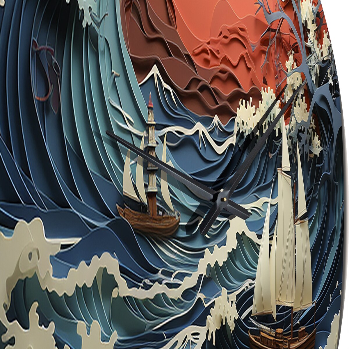 Designart "Japon Coral Waves Papercut II" Japanese Oversized Wall Clock