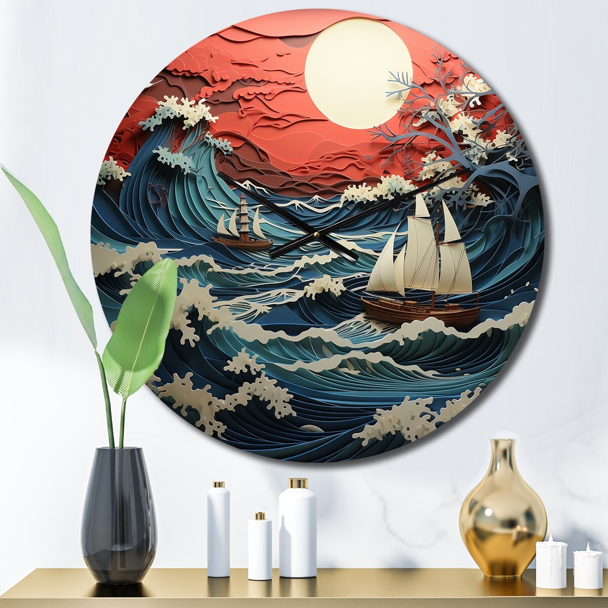 Designart "Japon Coral Waves Papercut II" Japanese Oversized Wall Clock