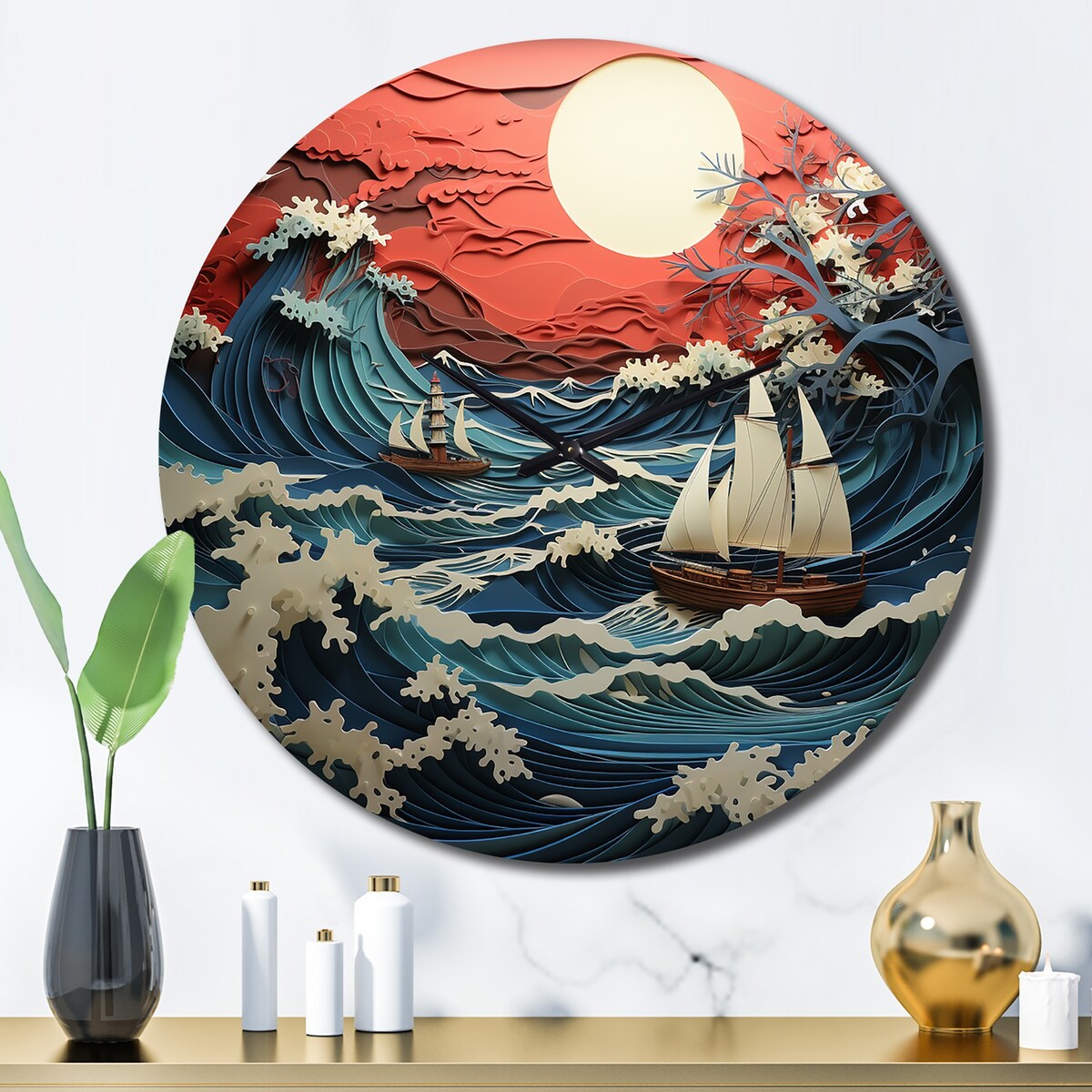 Designart "Japon Coral Waves Papercut II" Japanese Oversized Wall Clock