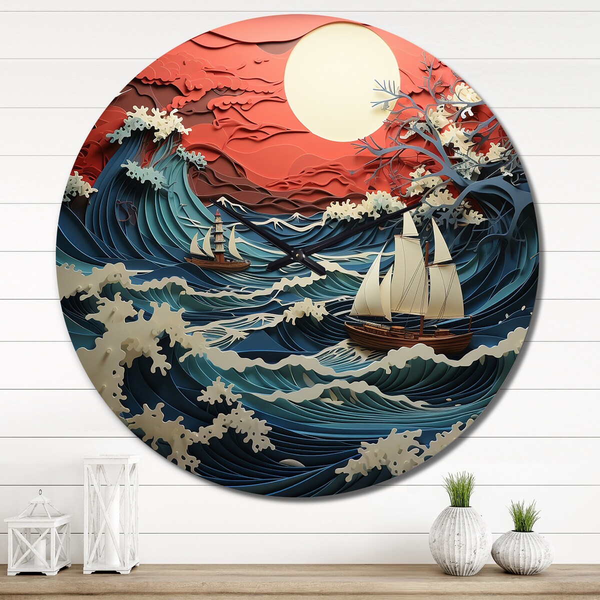 Designart "Japon Coral Waves Papercut II" Japanese Oversized Wall Clock