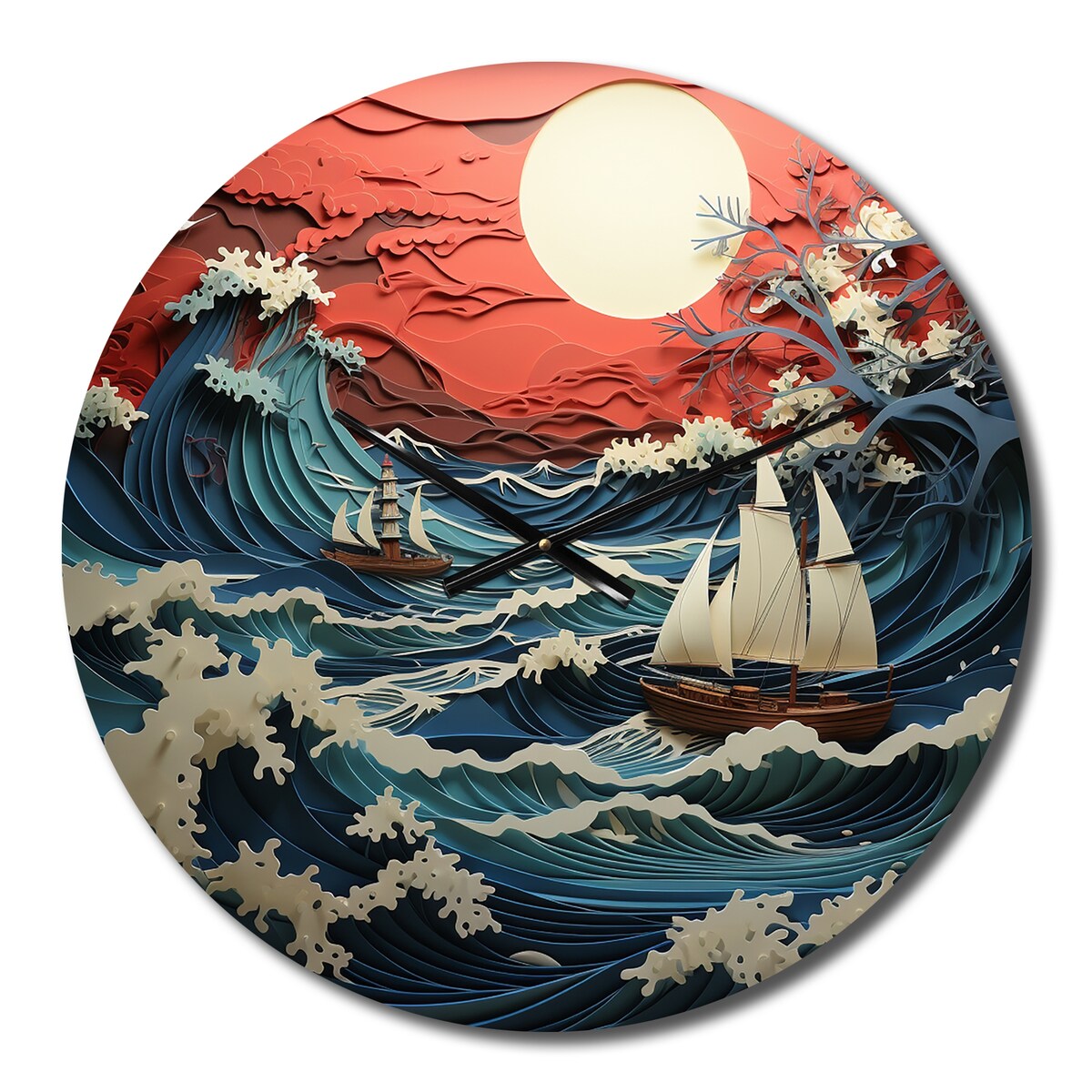 Designart "Japon Coral Waves Papercut II" Japanese Oversized Wall Clock