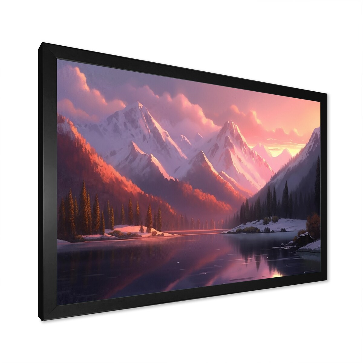 Designart "Lake And Mountain Peaks" Landscape Mountains Lake Framed Canvas Art Print