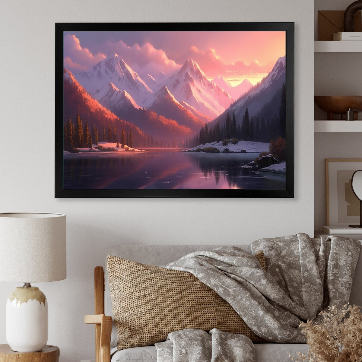 Designart "Lake And Mountain Peaks" Landscape Mountains Lake Framed Canvas Art Print
