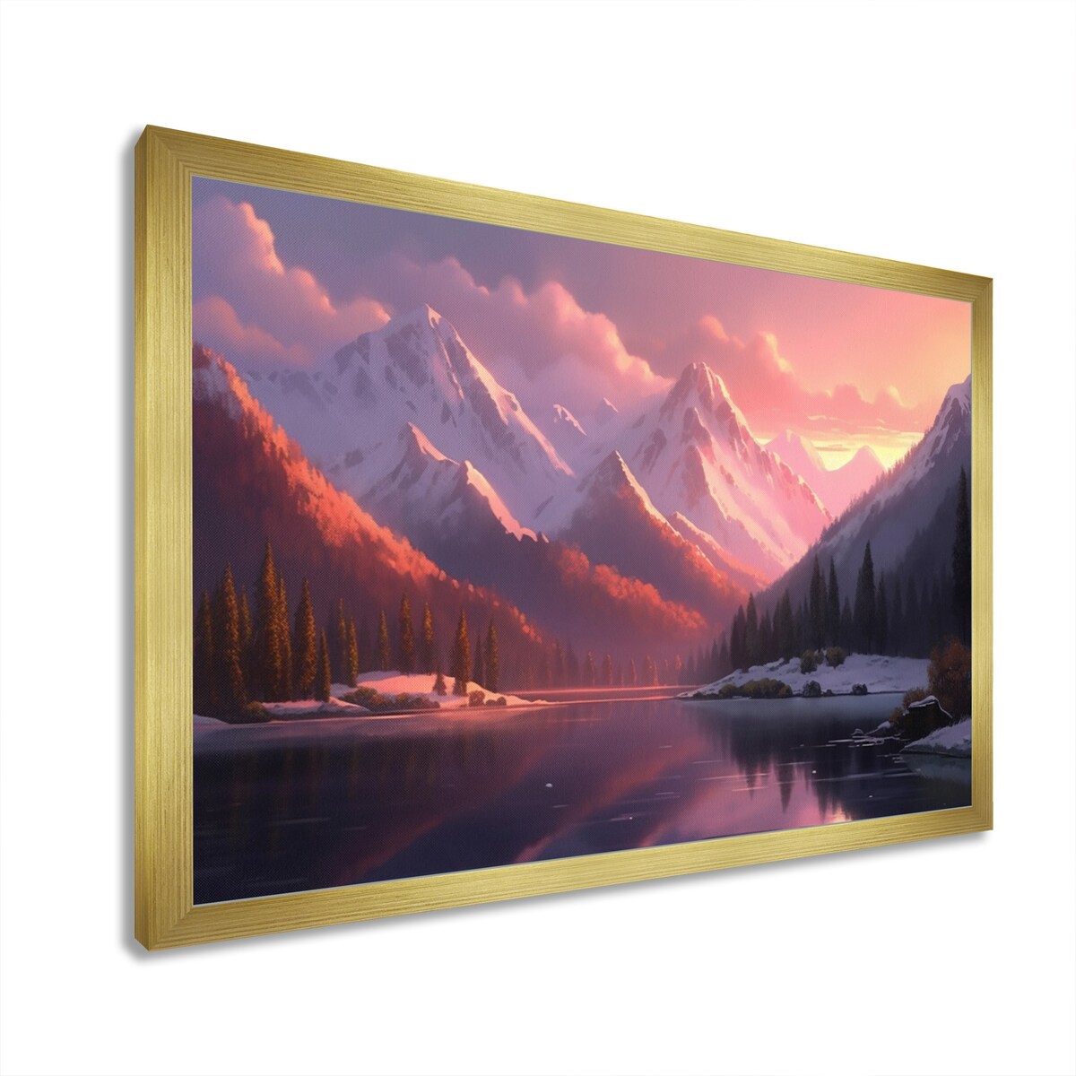 Designart "Lake And Mountain Peaks" Landscape Mountains Lake Framed Canvas Art Print