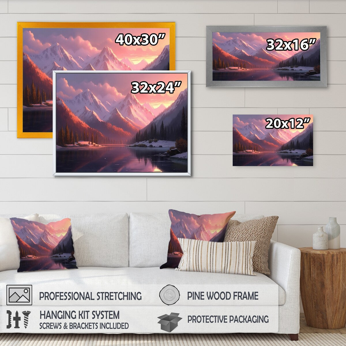 Designart "Lake And Mountain Peaks" Landscape Mountains Lake Framed Canvas Art Print