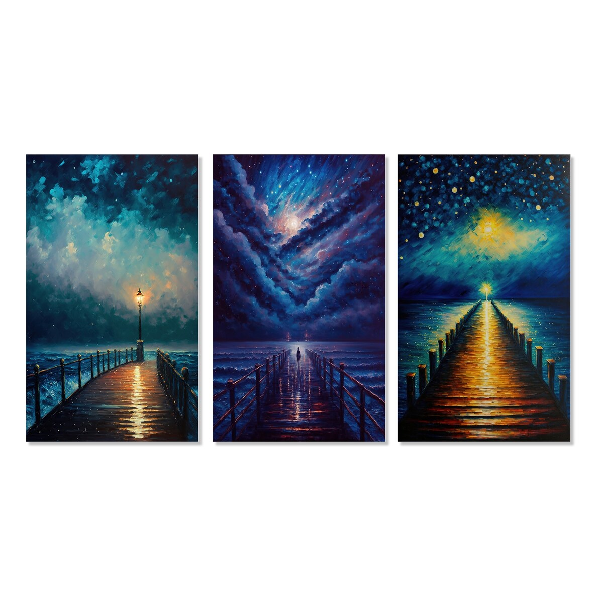 Designart "Light At The End Of The Pier During Stormy Night I" Nautical & Beach Gallery Wall Set Of 3 - For Home Decor