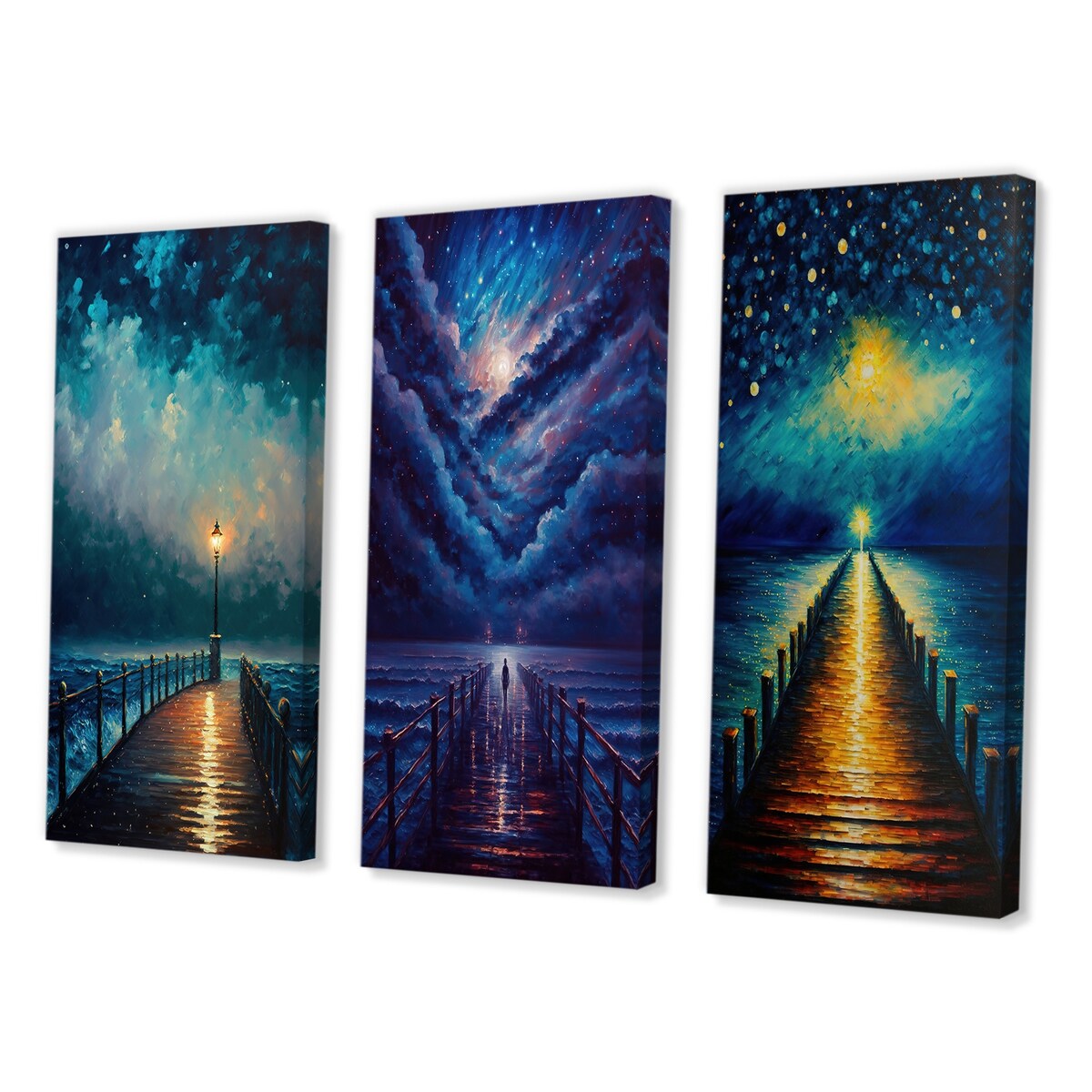 Designart "Light At The End Of The Pier During Stormy Night I" Nautical & Beach Gallery Wall Set Of 3 - For Home Decor