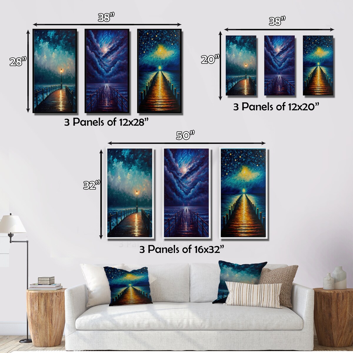 Designart "Light At The End Of The Pier During Stormy Night I" Nautical & Beach Gallery Wall Set Of 3 - For Home Decor