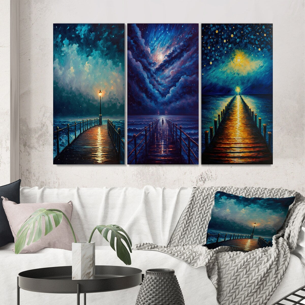 Designart "Light At The End Of The Pier During Stormy Night I" Nautical & Beach Gallery Wall Set Of 3 - For Home Decor