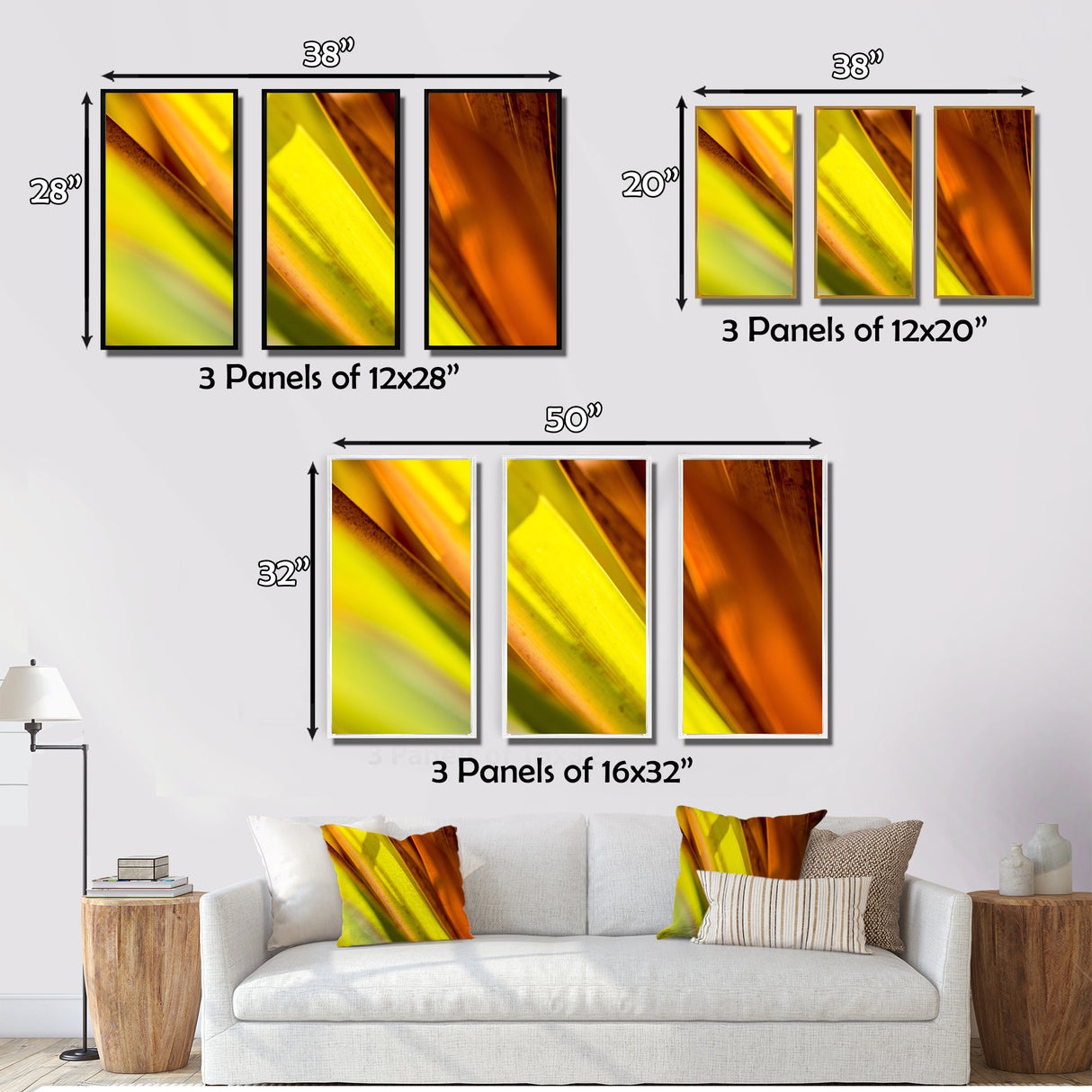 Designart "Light Green And Orange Sunshine" Modern Framed Art Set of 3 - 4 Colors of Frames
