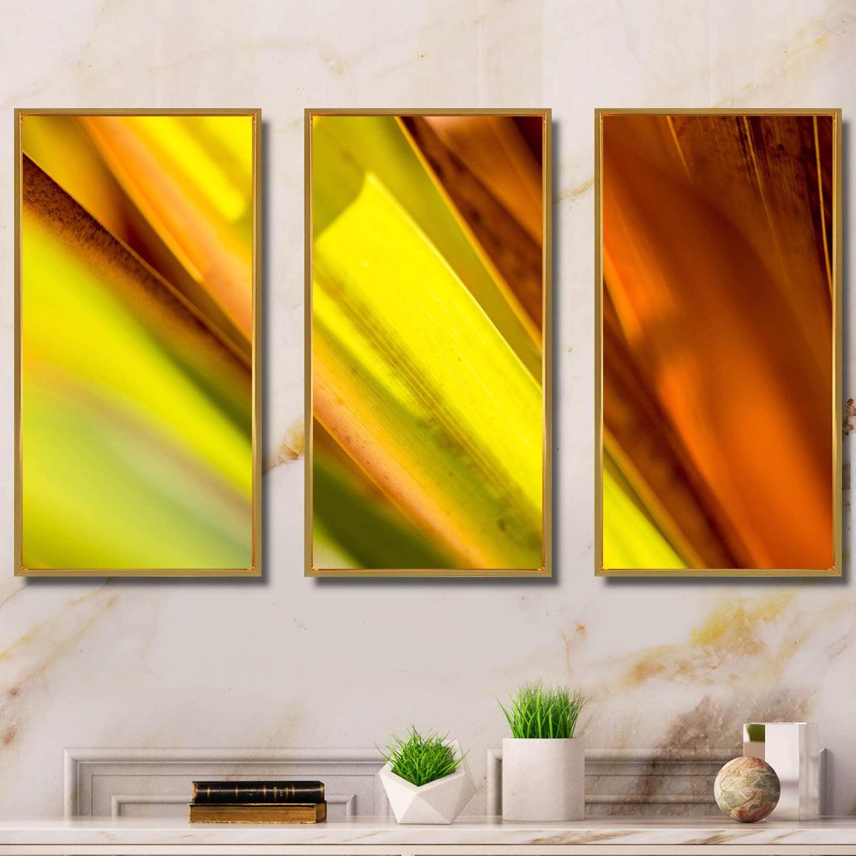 Designart "Light Green And Orange Sunshine" Modern Framed Art Set of 3 - 4 Colors of Frames