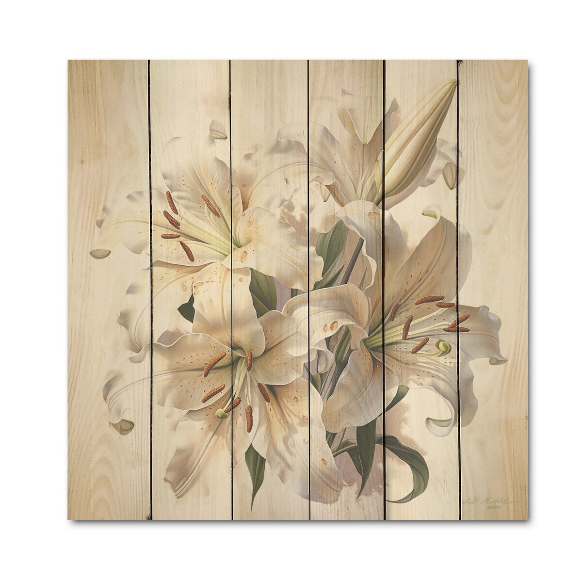 Designart "Lily Blossom Ballet I" Lilies Wood Wall Decor - Traditional Beige Wood Panel On Natural Pine Wood