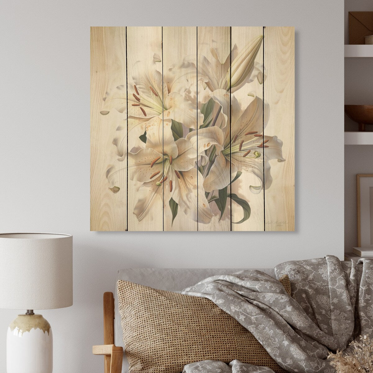Designart "Lily Blossom Ballet I" Lilies Wood Wall Decor - Traditional Beige Wood Panel On Natural Pine Wood