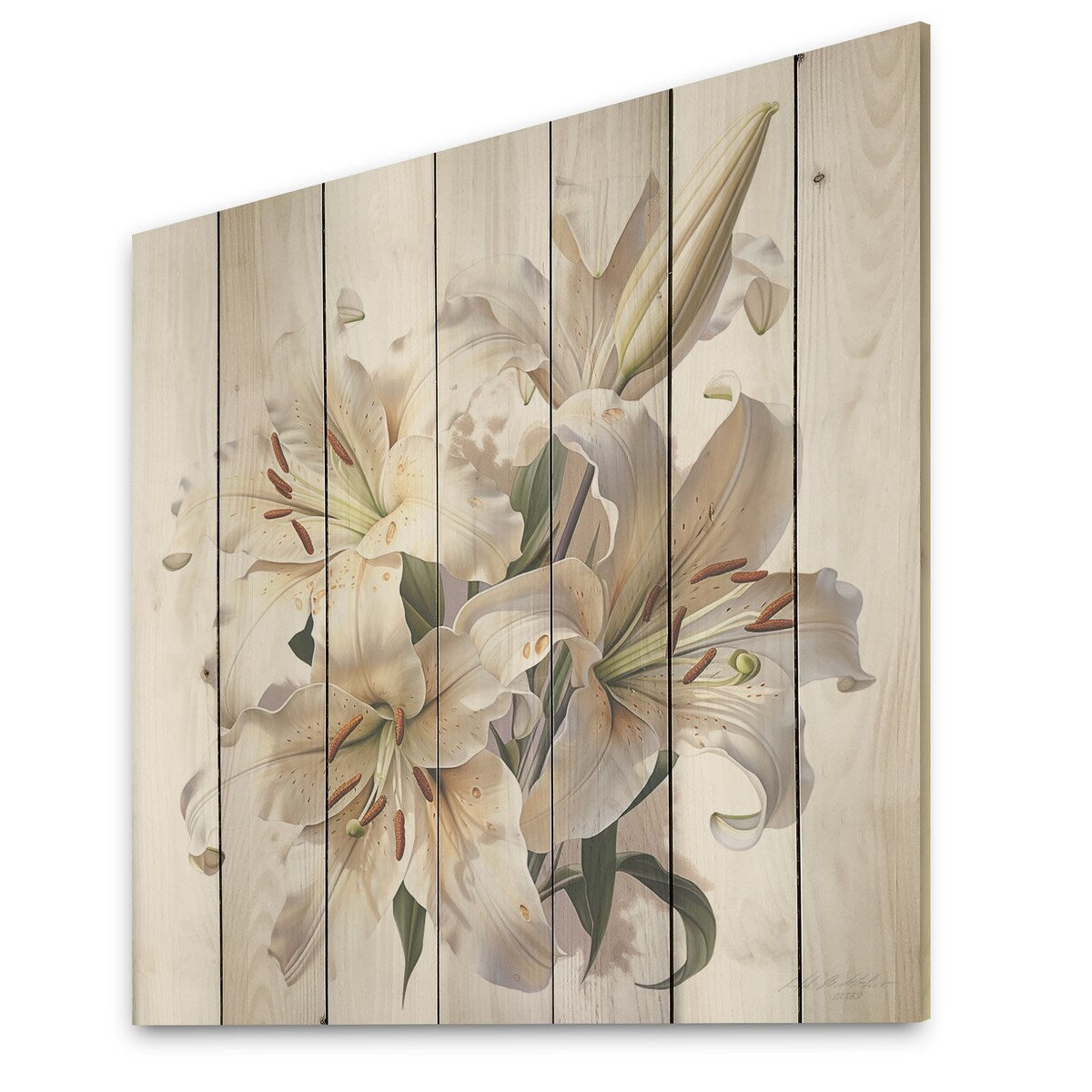 Designart "Lily Blossom Ballet I" Lilies Wood Wall Decor - Traditional Beige Wood Panel On Natural Pine Wood