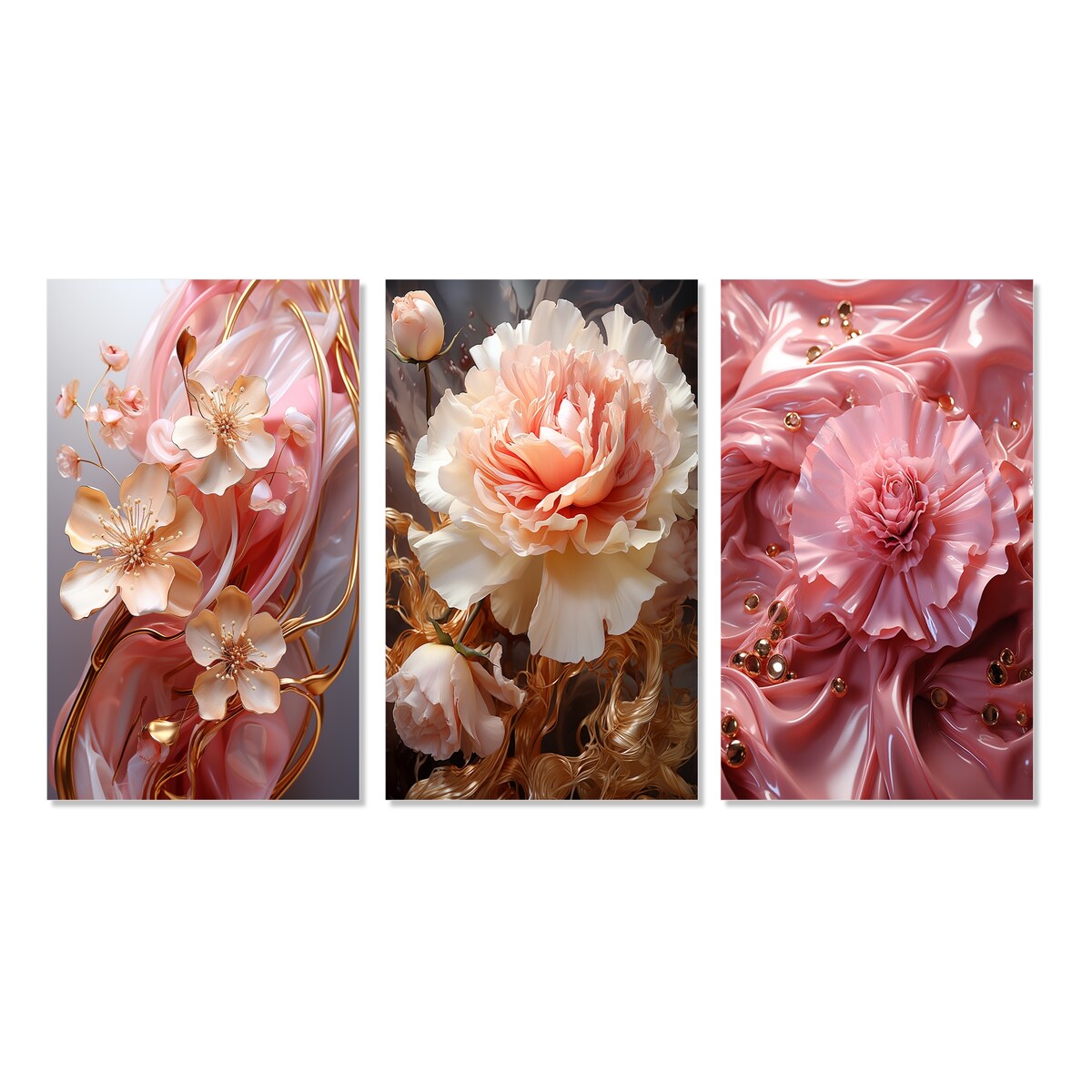Designart "Liquid Flower Art Tender White And Light Pink IV" Abstract Shapes Pink - Gallery Set Of 3 For Office Decor
