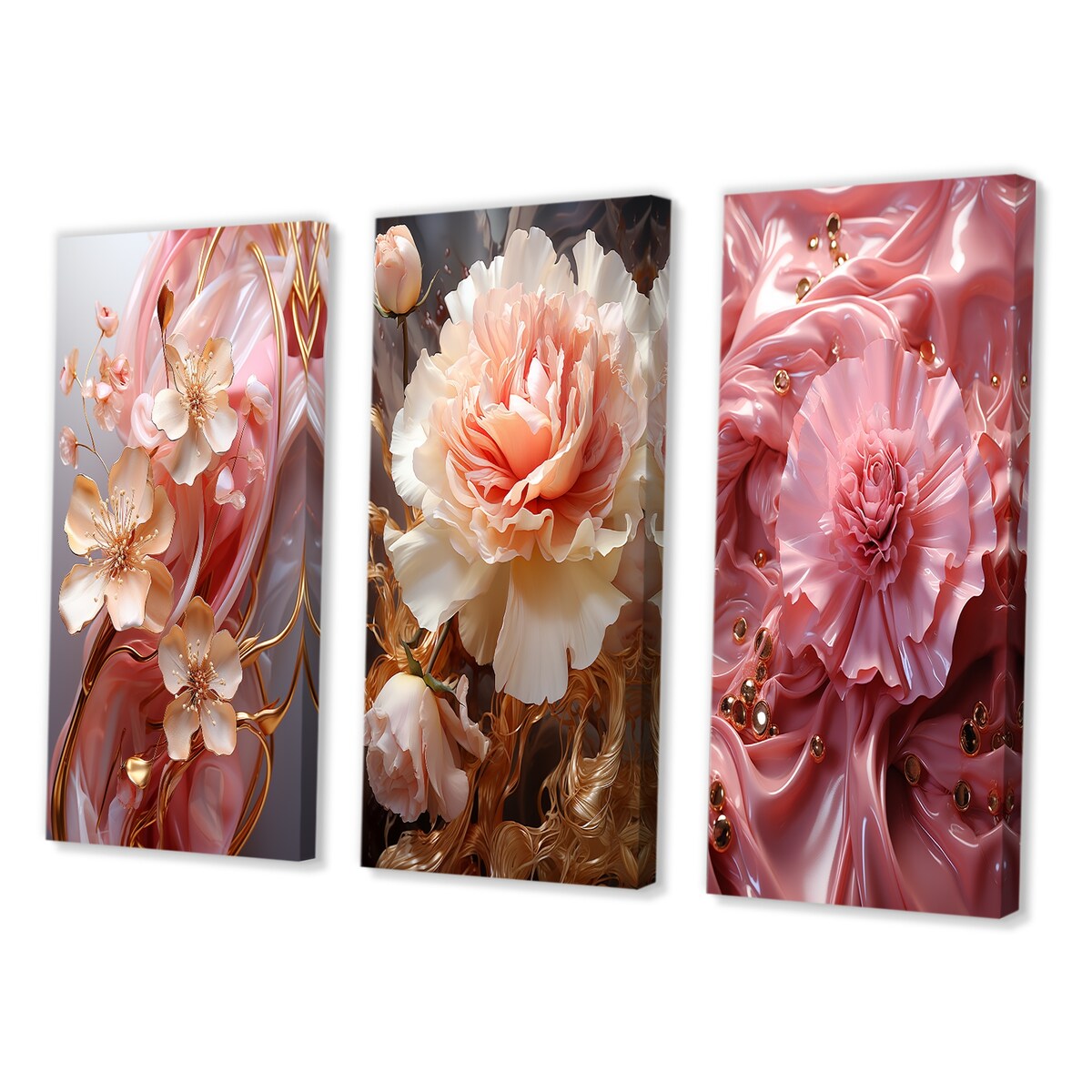 Designart "Liquid Flower Art Tender White And Light Pink IV" Abstract Shapes Pink - Gallery Set Of 3 For Office Decor