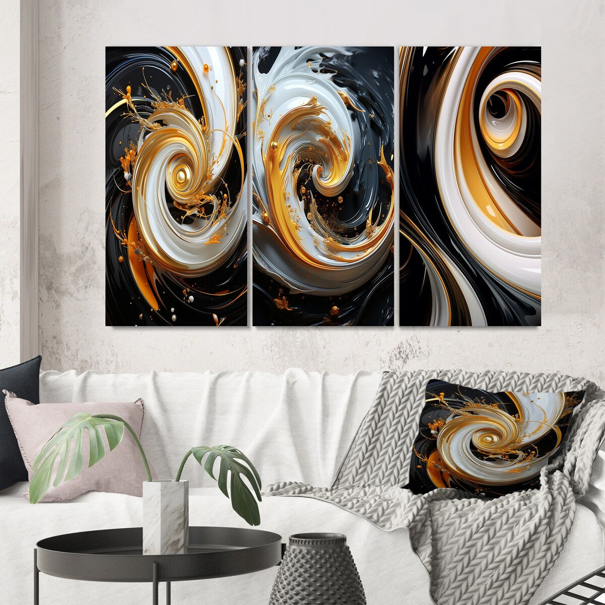 Designart "Liquid Gold Black And White Spiral Magic I" Abstract Spirals Gallery Wall Set Of 3 For Home Decor