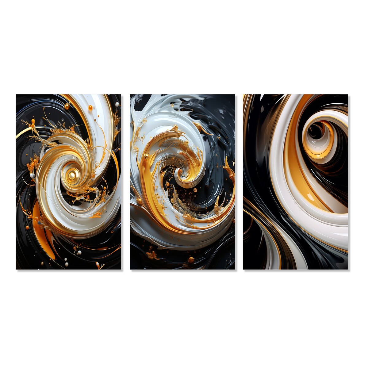 Designart "Liquid Gold Black And White Spiral Magic I" Abstract Spirals Gallery Wall Set Of 3 For Home Decor