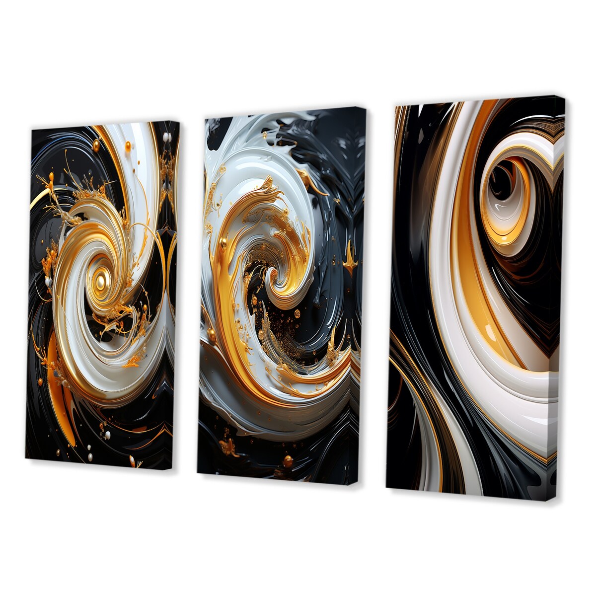 Designart "Liquid Gold Black And White Spiral Magic I" Abstract Spirals Gallery Wall Set Of 3 For Home Decor