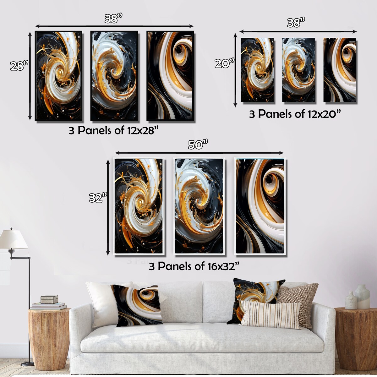 Designart "Liquid Gold Black And White Spiral Magic I" Abstract Spirals Gallery Wall Set Of 3 For Home Decor
