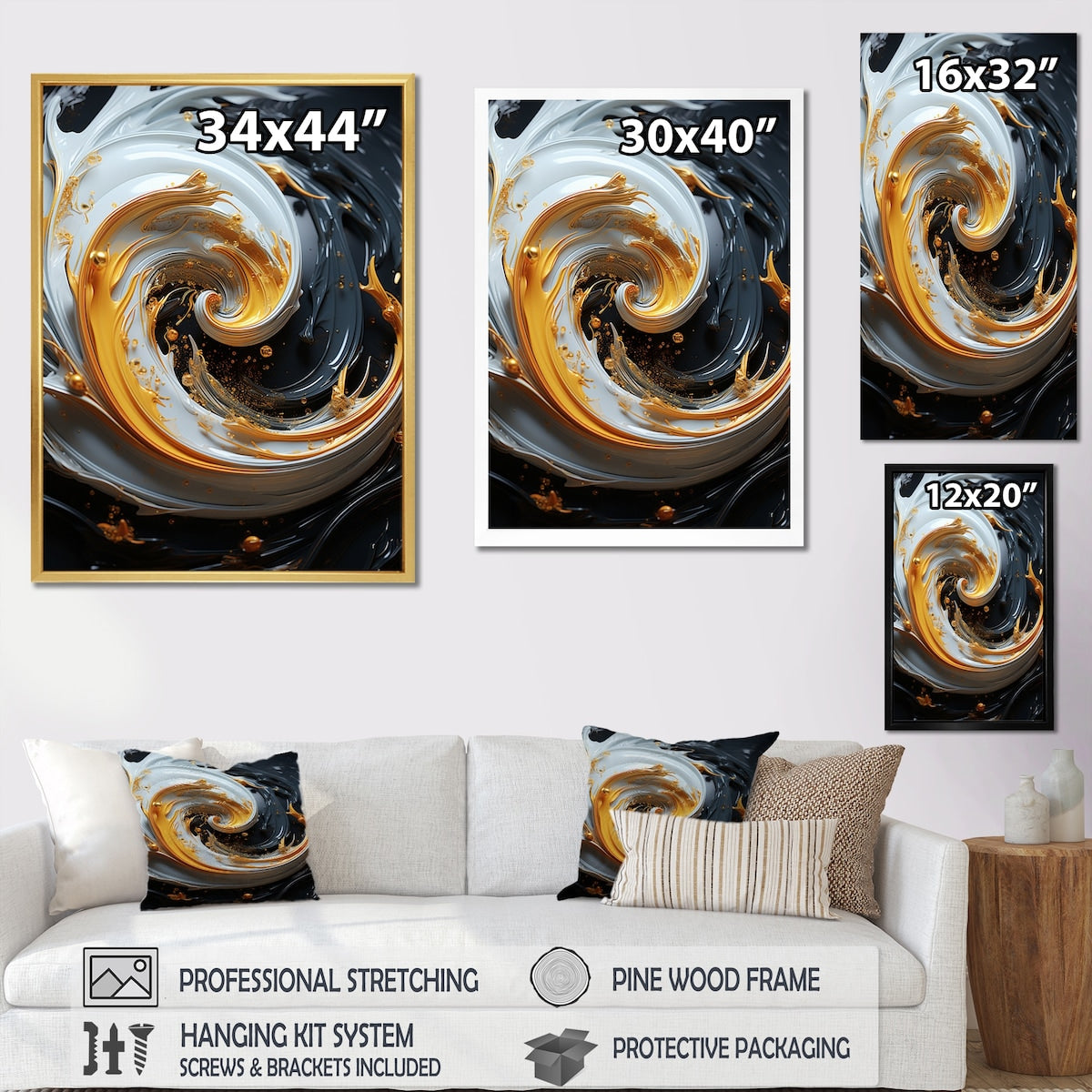 Designart "Liquid Gold Black And White Spiral Magic" Abstract Spirals Framed Wall Art Prints